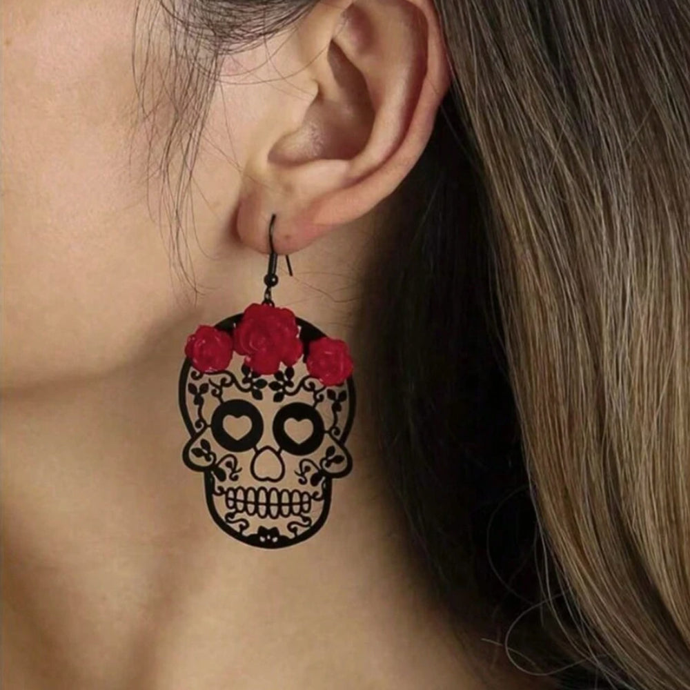 Red Roses Skull Earrings