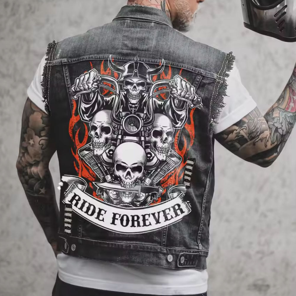 Men's Riding Skull Vest Denim Jacket