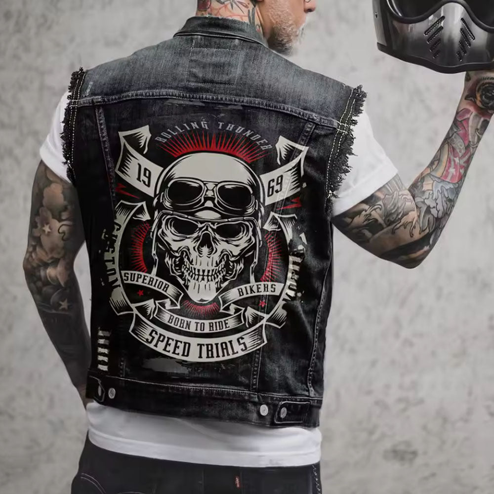 Men's Riding Skull Vest Denim Jacket