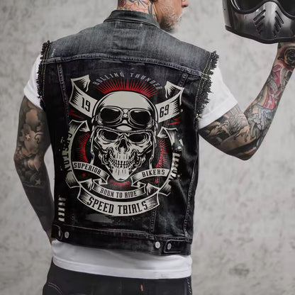 Men's Riding Skull Vest Denim Jacket