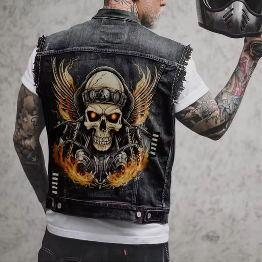 Men's Riding Skull Vest Denim Jacket