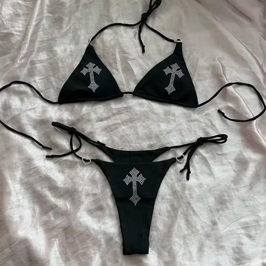 Rhinestone Cross Bikini – Bold, Stylish, and Sparkling