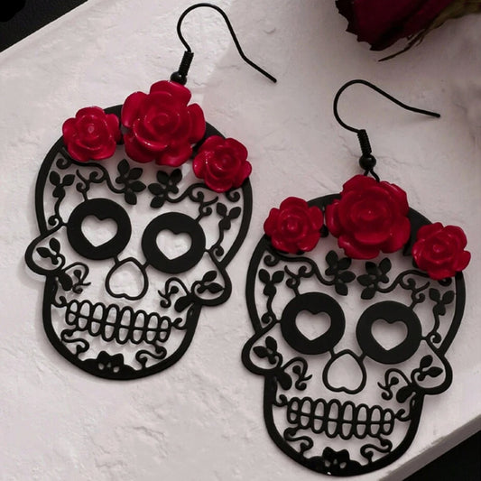 Red Roses Skull Earrings