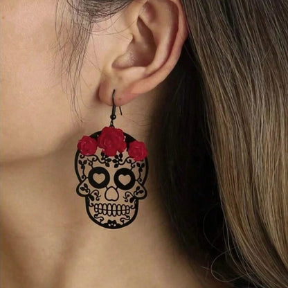 Red Roses Skull Earrings
