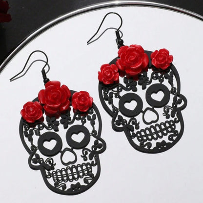 Red Roses Skull Earrings