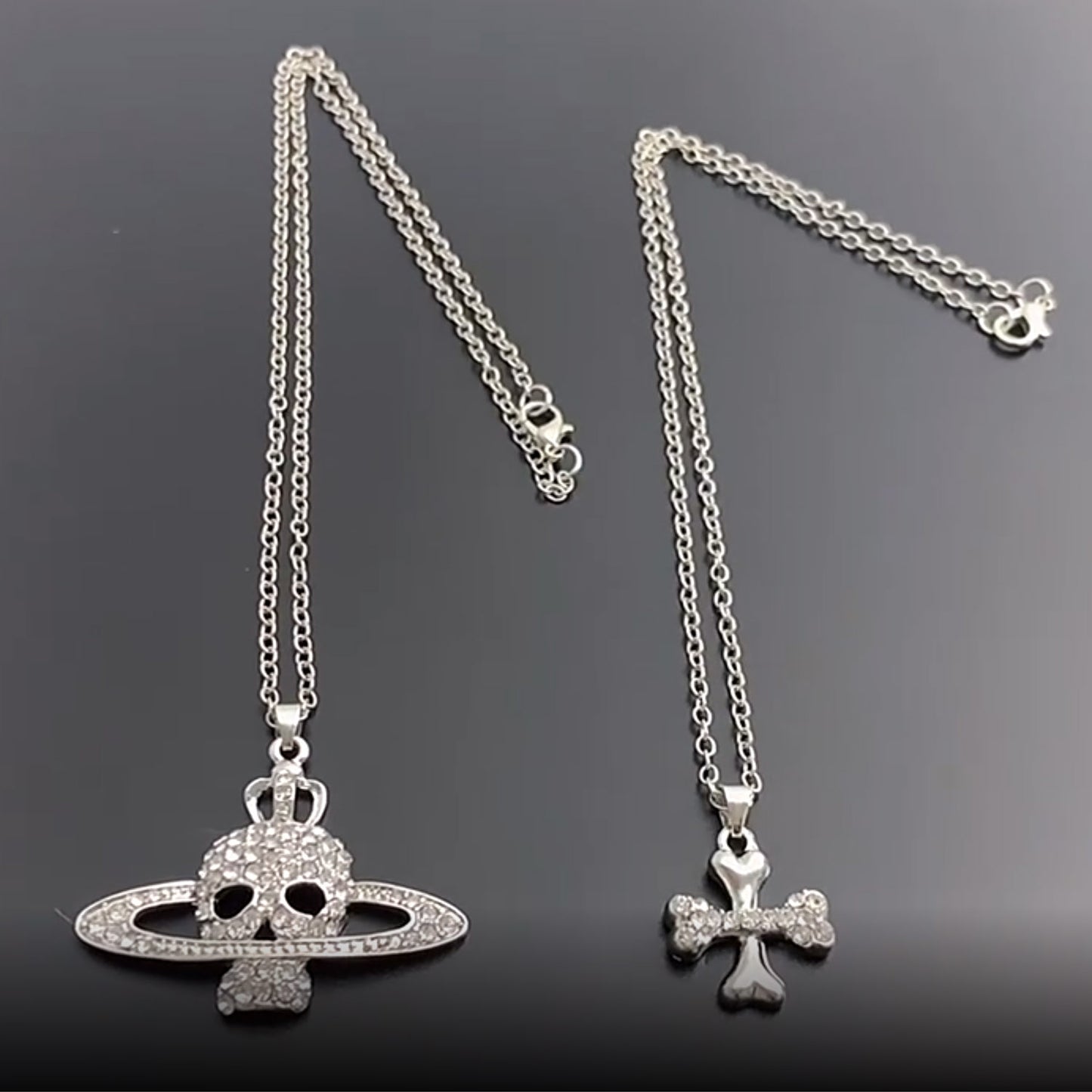 Cross Saturn Rhinestone Skull Necklace