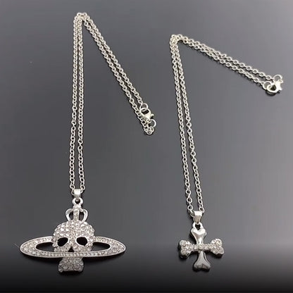 Cross Saturn Rhinestone Skull Necklace