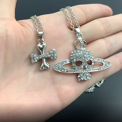 Cross Saturn Rhinestone Skull Necklace