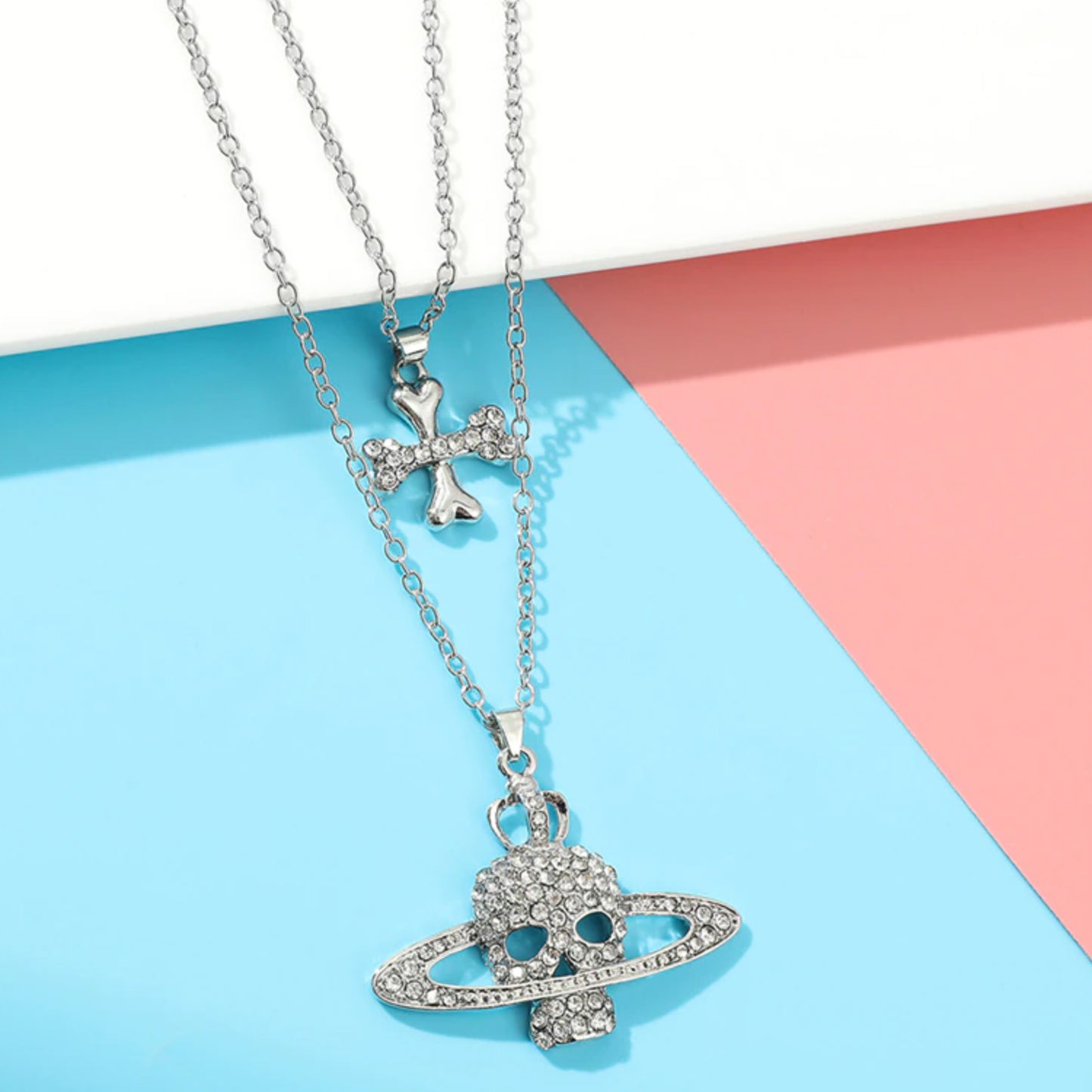 Cross Saturn Rhinestone Skull Necklace