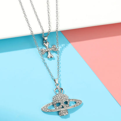 Cross Saturn Rhinestone Skull Necklace
