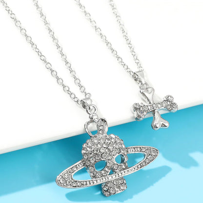 Cross Saturn Rhinestone Skull Necklace