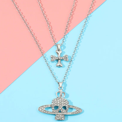 Cross Saturn Rhinestone Skull Necklace