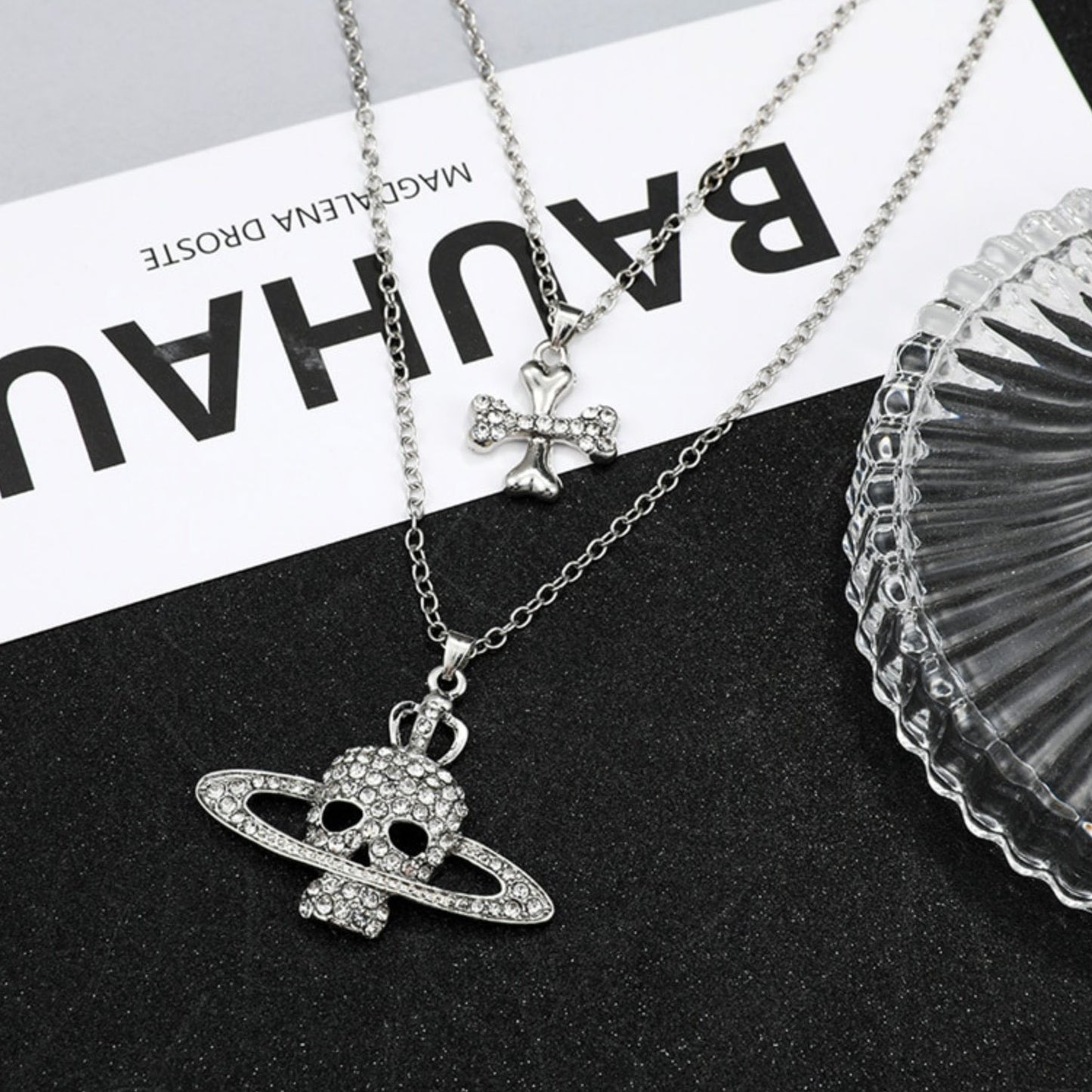 Cross Saturn Rhinestone Skull Necklace