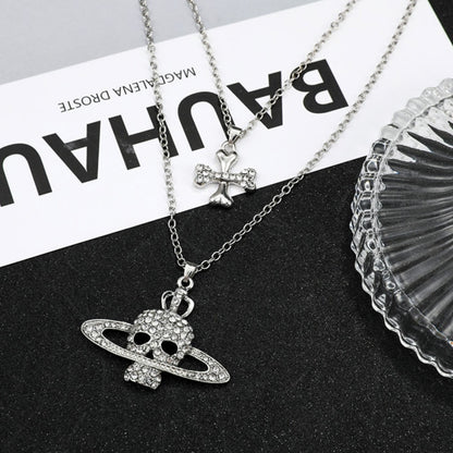 Cross Saturn Rhinestone Skull Necklace