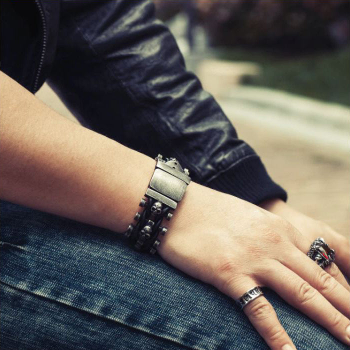 Skull Stainless Steel Leather Bracelet