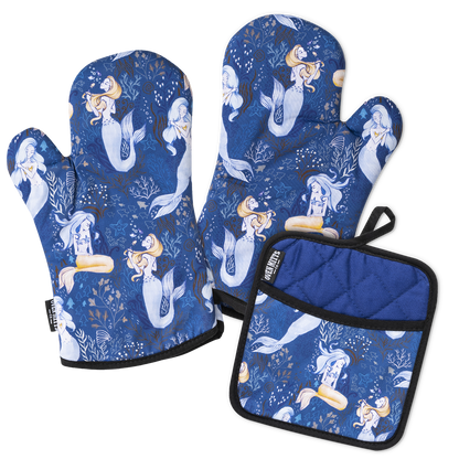 Magical Mermaid Blue Oven Mitts gloves And Potholder Set