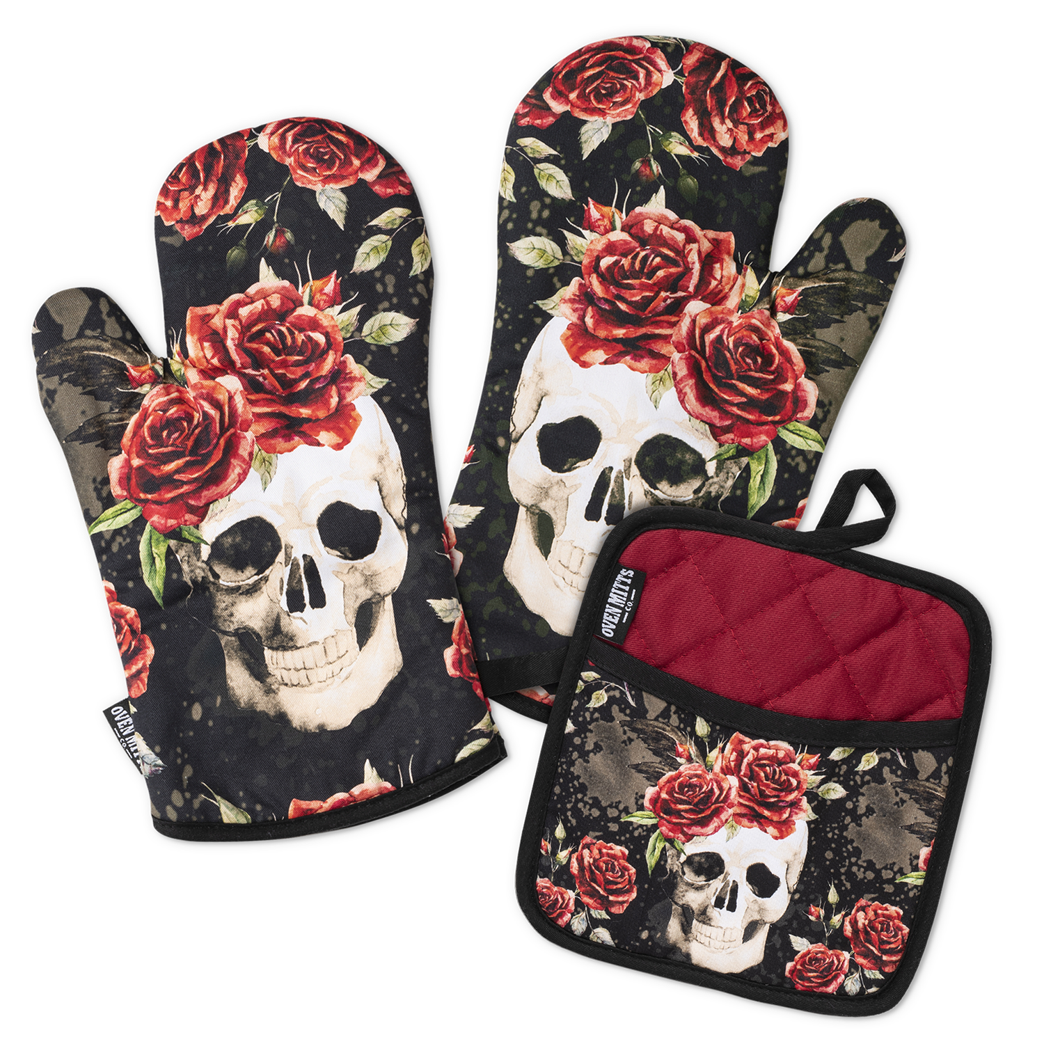 Skull Vintage Flower Oven Mitts And Potholder Set